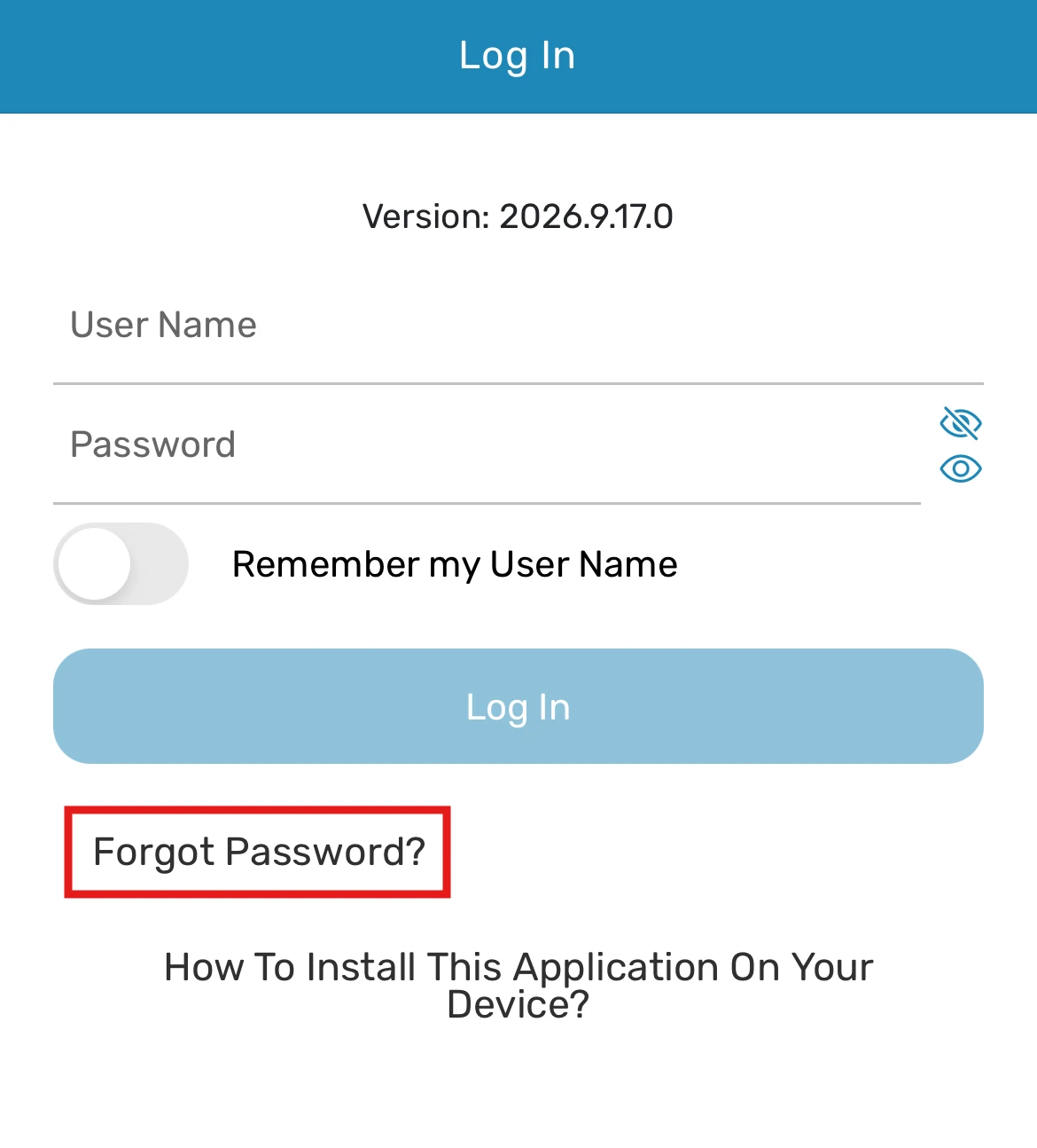 App Log In screen with Forgot Password? link highlighted