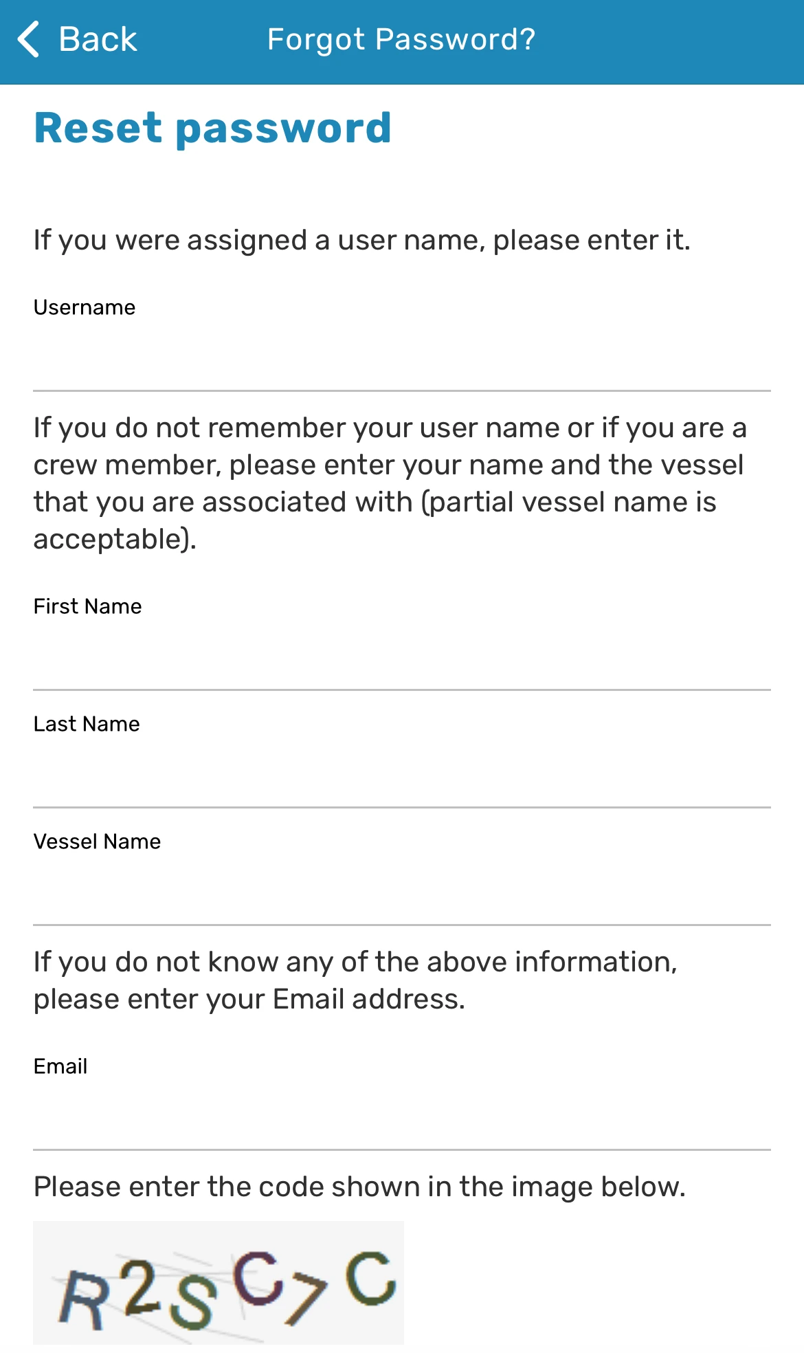 App Reset password form with Username, First Name, Last Name, Vessel Name, and Email fields