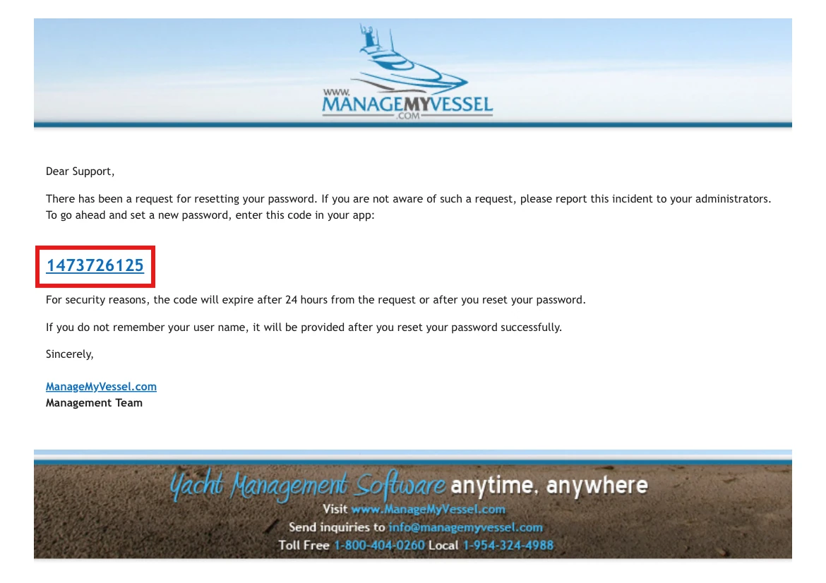 Email from ManageMyVessel containing the provided key