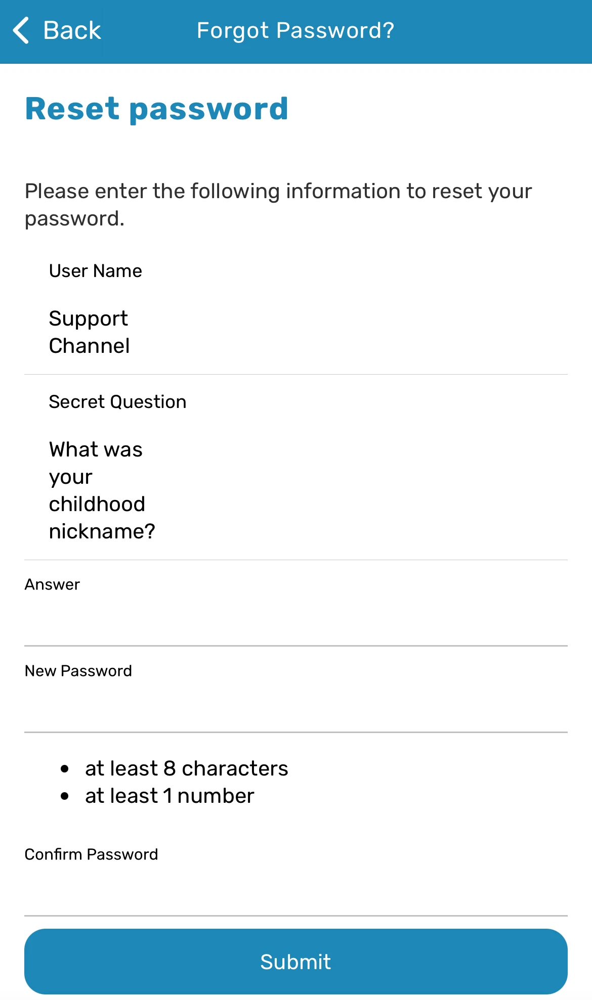 App Reset password screen with Secret Question, Answer, New Password, and Confirm Password fields