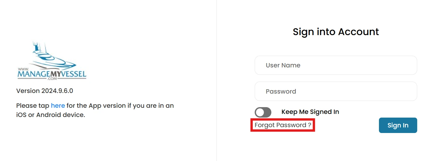 Sign into Account page with Forgot Password? link highlighted