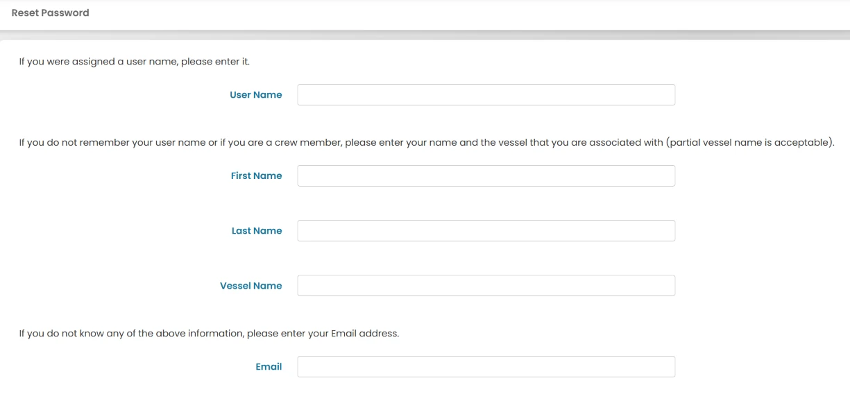 Forgot Password form with Username, Name and Vessel, and Email options