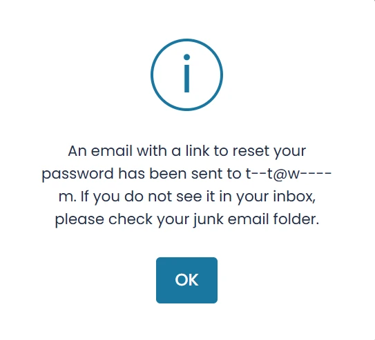Confirmation dialog stating an email with a reset link has been sent