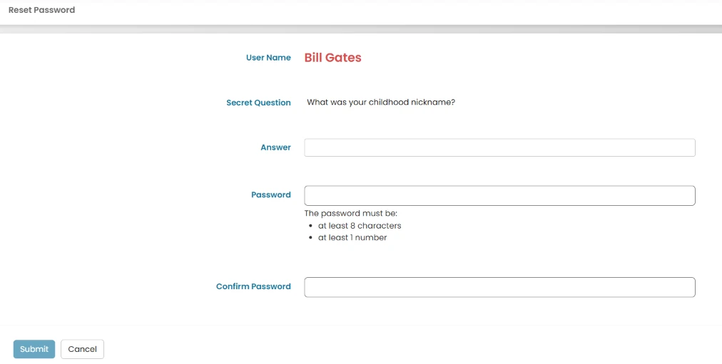 Reset Password form with Secret Question, Answer, Password, and Confirm Password fields