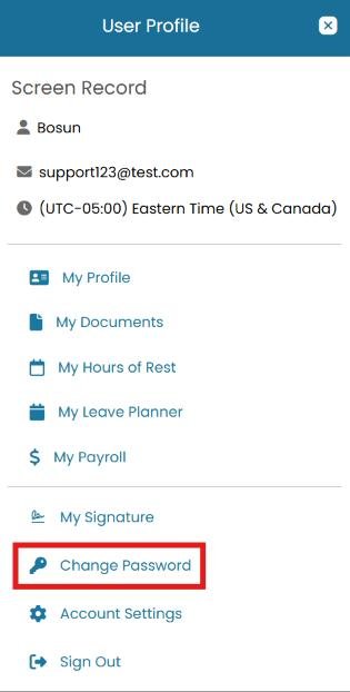 User Profile menu with Change Password highlighted