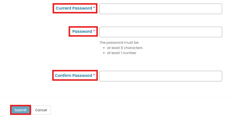 Change Password form with Current Password, Password, Confirm Password fields and Submit button