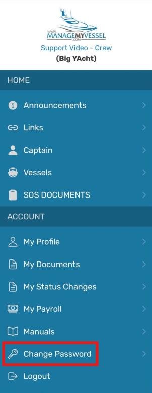 App side menu with Change Password highlighted