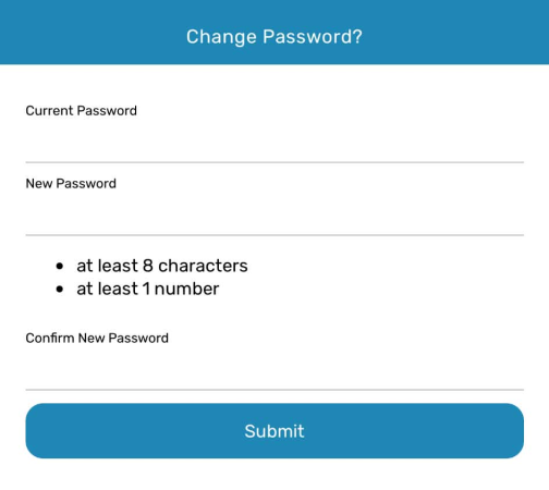 App Change Password form with Current Password, New Password, Confirm New Password fields and Submit button