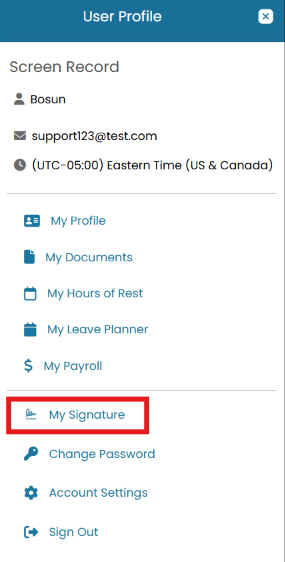 User Profile menu with My Signature highlighted