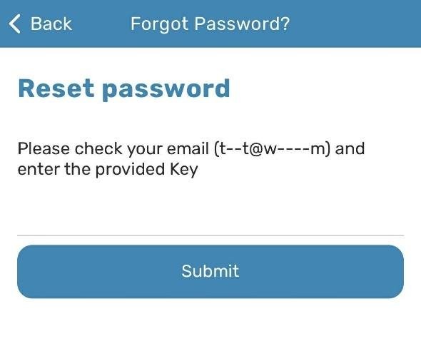 App Reset password screen prompting to check email and enter the provided Key