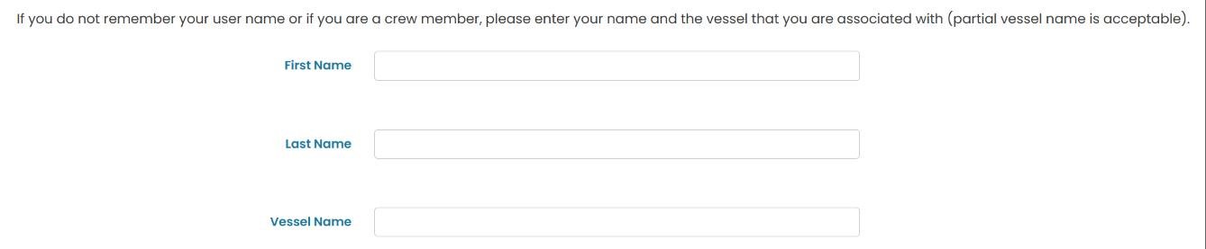 Forgot Password form Option B with First Name, Last Name, and Vessel Name fields