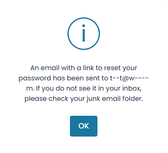 Confirmation dialog stating an email with a reset link has been sent
