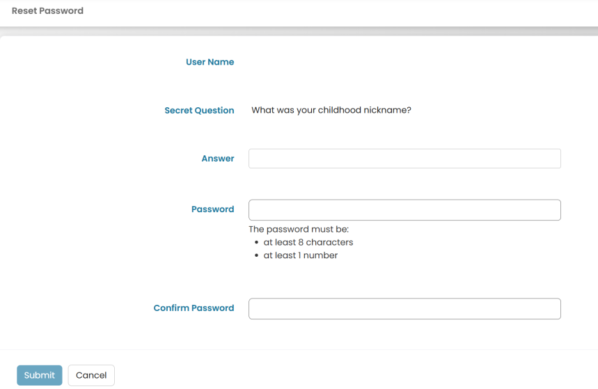 Reset Password form with Secret Question, Answer, Password, and Confirm Password fields