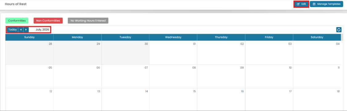 Hours of Rest calendar with Edit and Manage Templates buttons highlighted