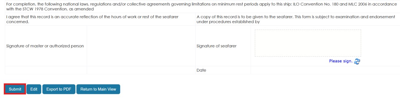 Monthly Hours of Rest report with signature fields and Submit, Edit, Export to PDF buttons