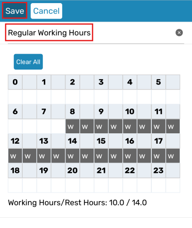 App template form with title field, hour grid, and Save button