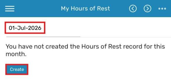 My Hours of Rest screen for a month with no record yet and a Create button