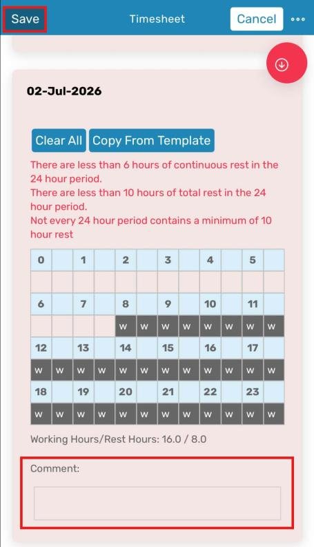 App day timesheet highlighted red with rest-rule violation messages and Comment field