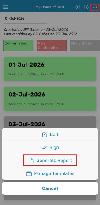 App menu with Edit, Sign, Generate Report, and Manage Templates options