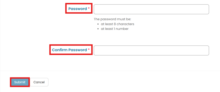 Password and Confirm Password fields with Submit and Cancel buttons