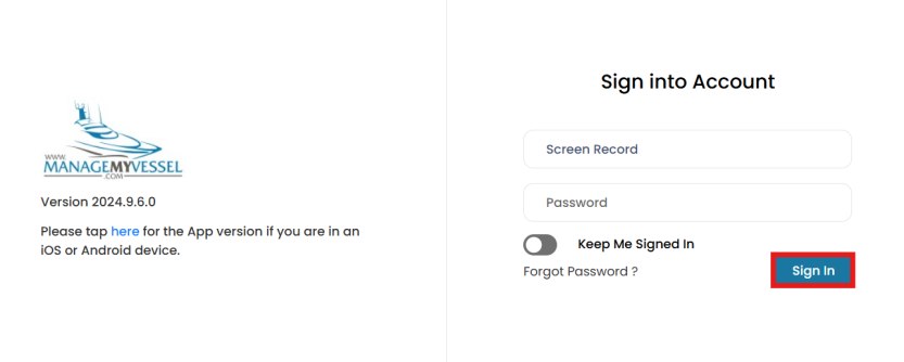 Sign into Account form with username and password fields