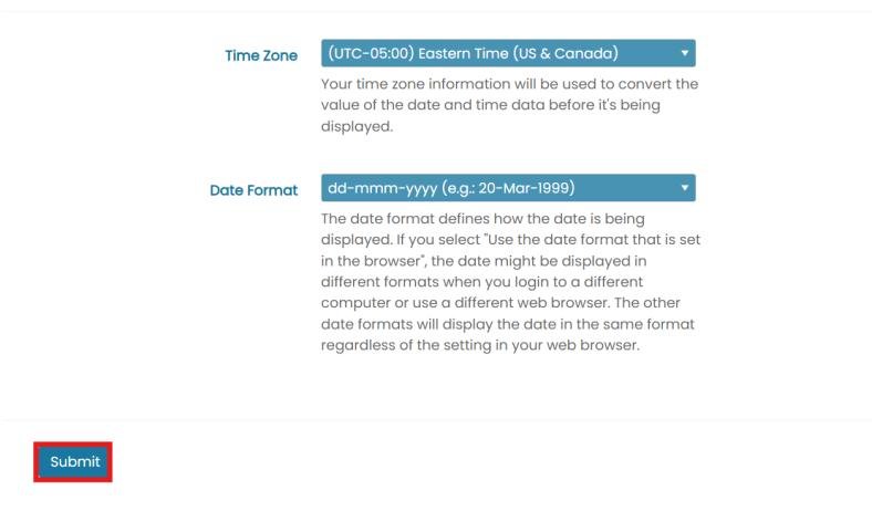 Time Zone and Date Format dropdowns with Submit button