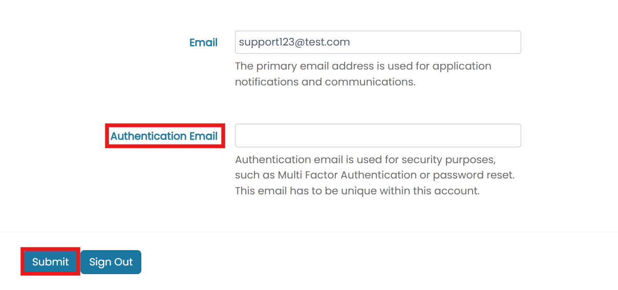 Email and Authentication Email fields with Submit button