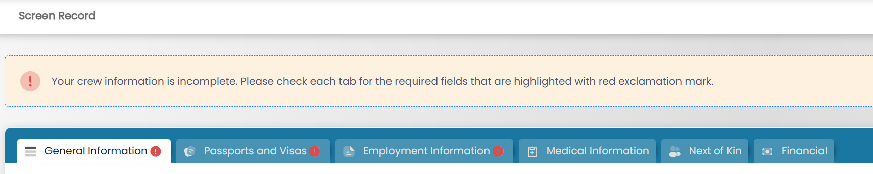 Profile tabs for General Information, Passports and Visas, Employment Information, Medical Information, Next of Kin, and Financial with incomplete-field warning