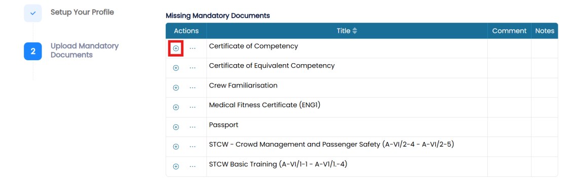 Missing Mandatory Documents list with Add icon next to each document