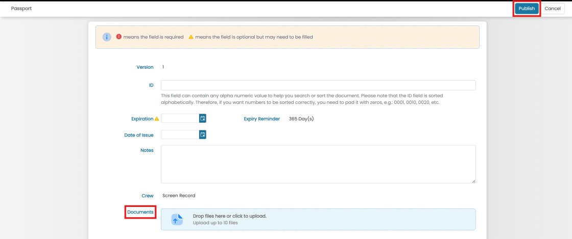 Document form with ID, Expiration, Expiry Reminder, Date of Issue fields and Publish button