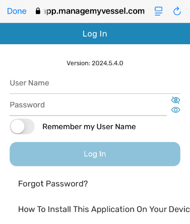 MMV app Log In screen with User Name and Password fields