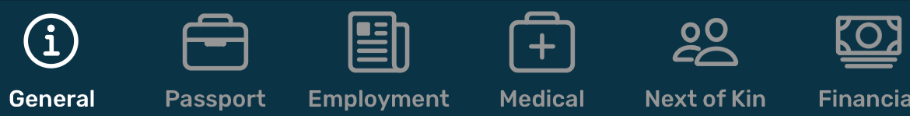 App profile tab bar: General, Passport, Employment, Medical, Next of Kin, Financial
