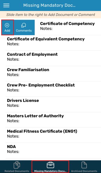 Missing Mandatory Documents list in the app with Add icon revealed by sliding a row right