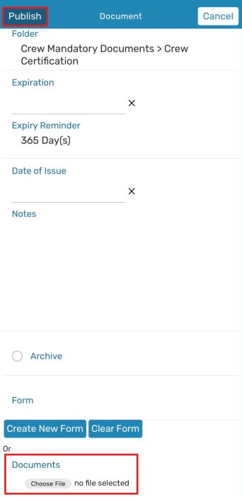 Document form in the app with Expiration, Expiry Reminder, Date of Issue fields and Publish button