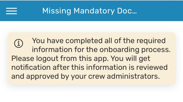 App confirmation message: you have completed all of the required information for the onboarding process, please logout