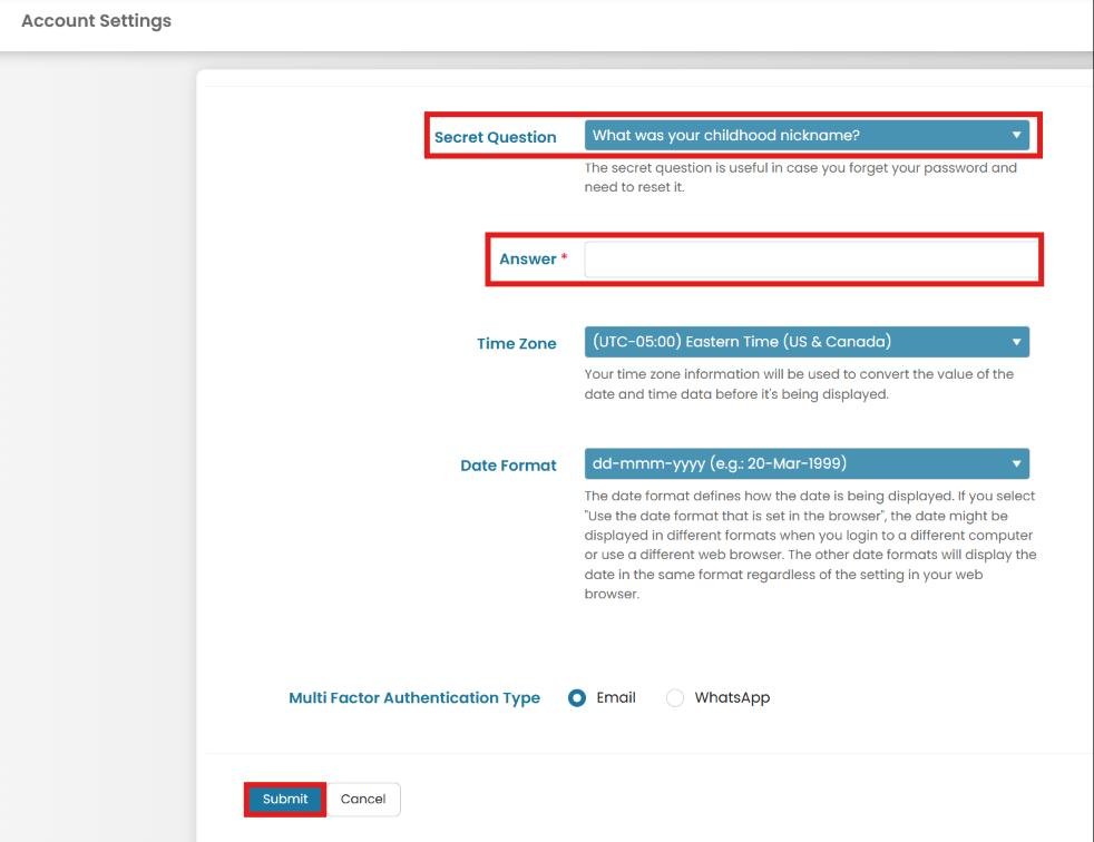 Account Settings form with Secret Question dropdown, Answer field, and Submit button