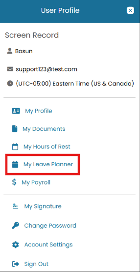User Profile menu with My Leave Planner highlighted