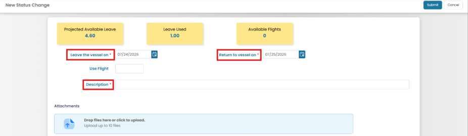 New Status Change form with leave dates, description, attachments, and Submit button