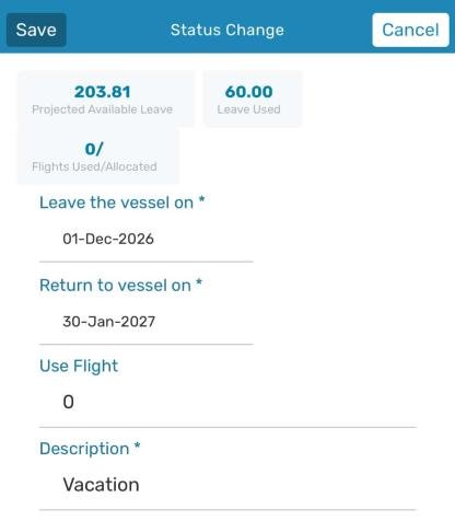 App Status Change form with leave dates, description, and Save button