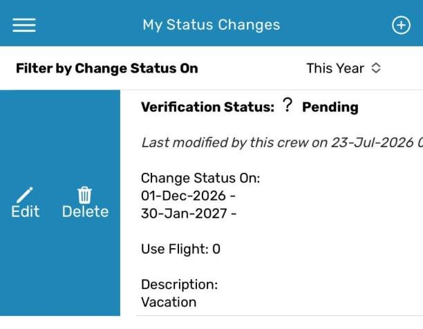 Status change request row with Edit and Delete actions revealed by sliding right