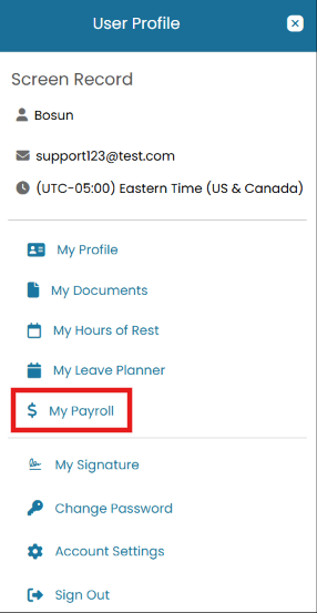User Profile menu with My Payroll highlighted