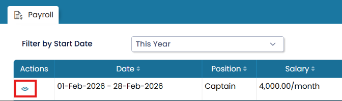 Payroll list with Filter by Start Date and View icon highlighted