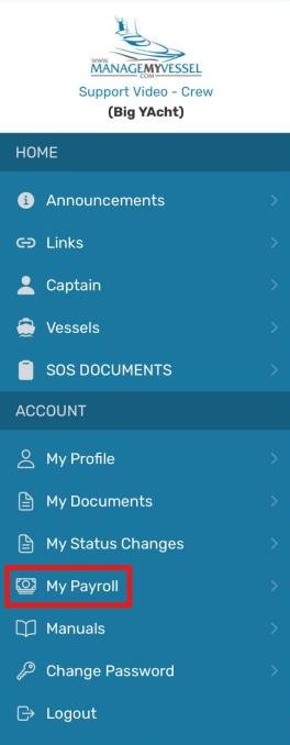 App side menu with My Payroll highlighted