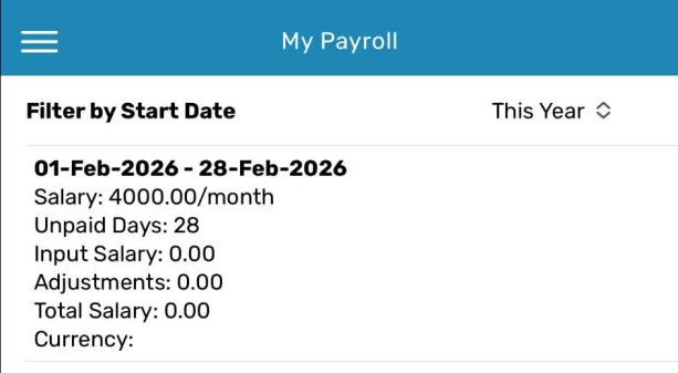 App My Payroll screen with a pay period's salary, unpaid days, and totals