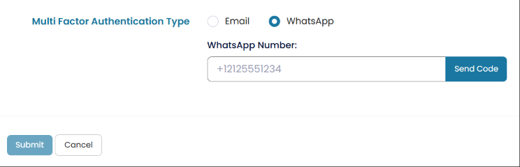 Multi Factor Authentication Type section with WhatsApp selected and WhatsApp Number field
