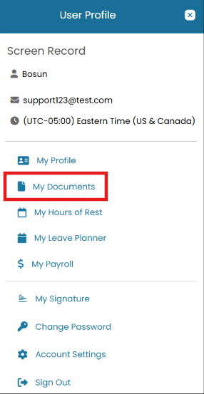 User Profile menu with My Documents highlighted