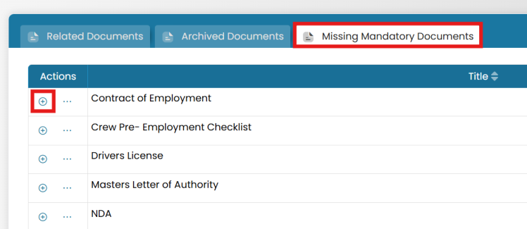 Missing Mandatory Documents tab with Add icon next to Contract of Employment