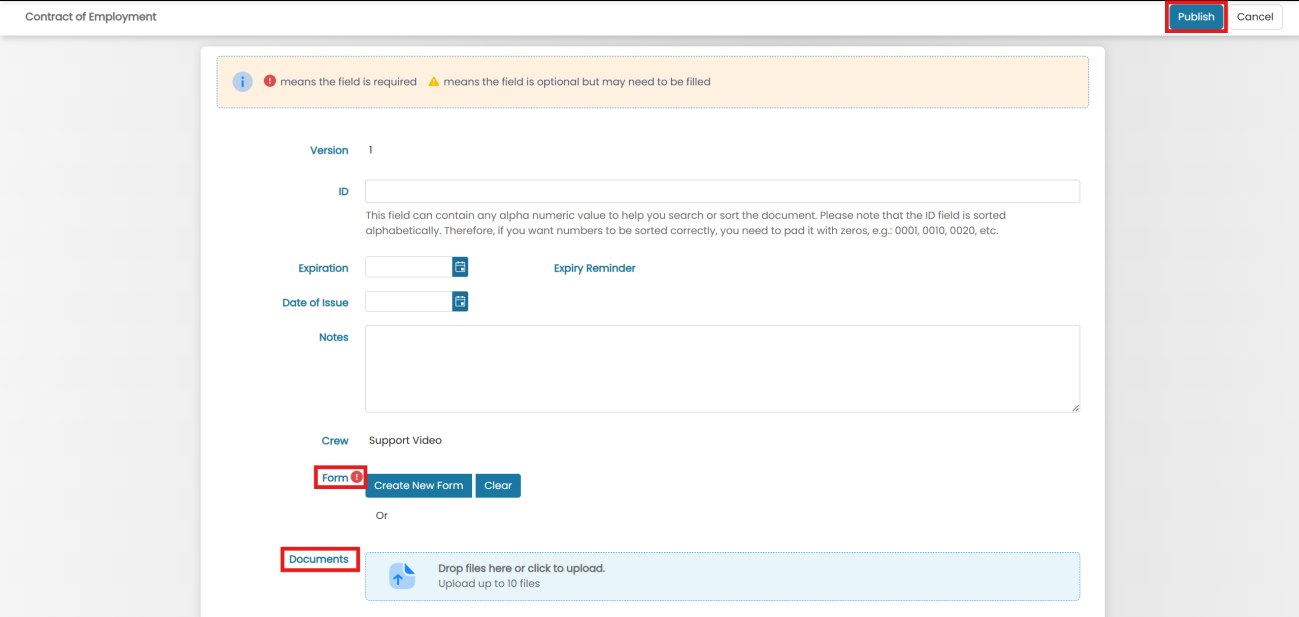 Document upload form with Version, ID, Expiration, Expiry Reminder, Date of Issue, Notes fields and Publish button