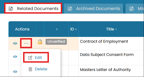 Related Documents tab with three-dot menu open showing Edit and Delete options