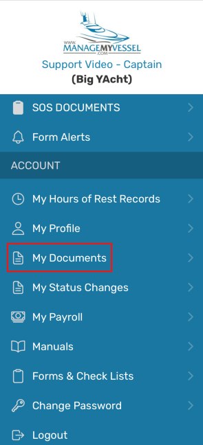 App side menu with My Documents highlighted